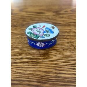 Vintage Cloisonne Brass and Floral Enamel Pill/Trinket Box Blue Enamel Interior